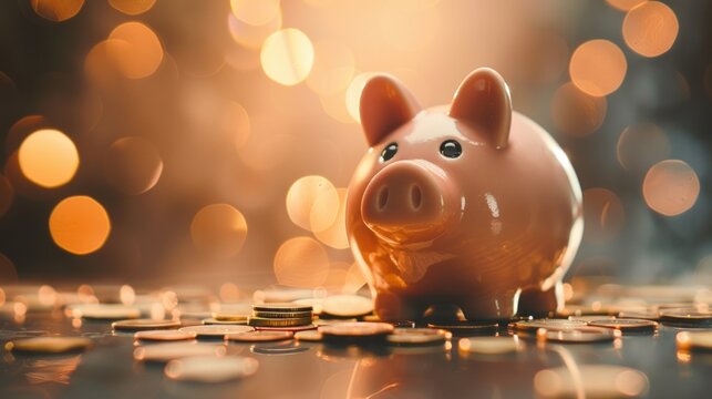 Photo of a piggy bank with coins around it on bokeh color. Generate AI image