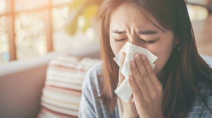 Sick young Asian woman sitting on couch blowing her nose on a tissue conceptual of healthcare seasonal flu allergic rhinitis or allergy reaction in hay fever Closeup copy space : Generative AI