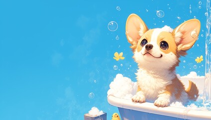 A cute dog sitting in the white bathtub full of soap foam, on light blue background. 