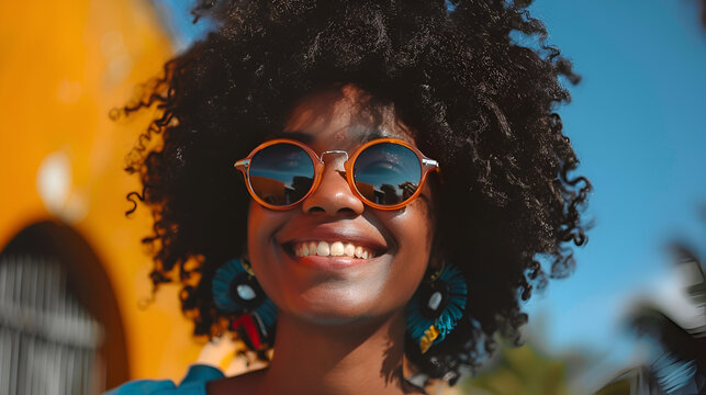 Portrait of a happy black woman in sunglasses, generative Ai