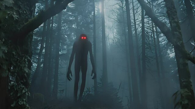 Mysterious creature with glowing red eyes walking through a dense forest, creating an eerie atmosphere