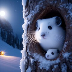 pika blanc avec son petit, se trouvant dans un tronc ambiance nuit étoilées au claire de lune, avec de la neige, font un peux flou, gros plan