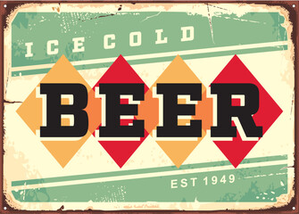 Ice cold beer vintage tin sign design for pub or cafe bar. Retro beer advertisement. Alcohol drinks vector poster illustration.