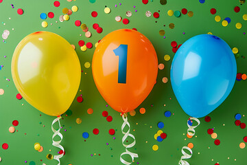 Three colorful balloons, one bearing the number 1 for a first birthday.  with confetti and streamers. - obrazy, fototapety, plakaty