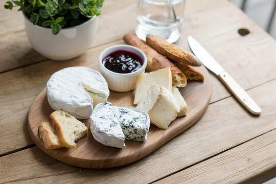 Small cheeseboard with brie, blue cheese, baguette and jam