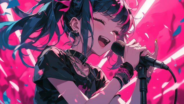 A cute girl with black hair and colorful makeup is singing into the microphone, laughing heartily while holding it in her hand. 