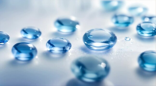 Close-up of shimmering water droplets on oleophobic surface. Slow-motion video captures the intricate dance of water droplets, highlighting their reflective surfaces and fluid movement