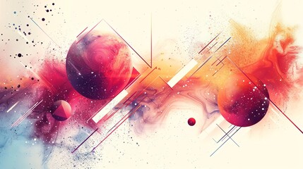 Digital art of celestial bodies with a splash of vibrant colors against a soft beige background. - obrazy, fototapety, plakaty