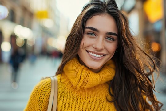 Photo of smiling woman with shopping bag. Generate AI image