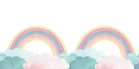 Watercolor seamless border or frame with illustration of cute cartoon rainbow and clouds. For decorating children's room, wallpapers, cards and invitations