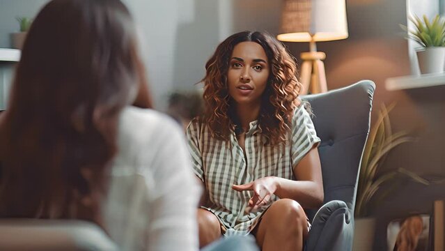 Two women sitting in chairs engage in conversation and interaction
