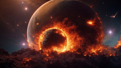Planets in the universe collide with each other and cause flames to erupt from explosions with flames. Another planet collided with Earth, causing fires all over the world.
