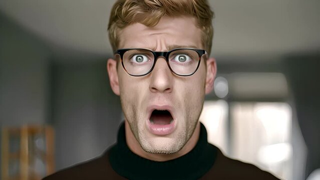 A man wearing glasses displays a surprised facial expression. His eyes widen, eyebrows raise, and mouth opens in shock