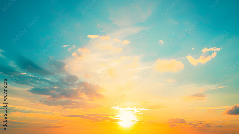 Poster beautiful setting sun and blue sky with copy space : generative ai