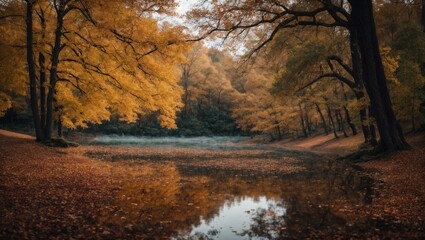 Autumnal Tranquility: A serene pond nestled amidst a vibrant tapestry of golden leaves, capturing the essence of autumnal beauty and tranquility. The interplay of light and shadow creates a sense of p