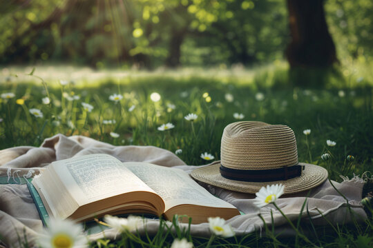 Summer relaxation: Woman sitting outdoors in a grassy field, reading a book with a straw hat beside her
