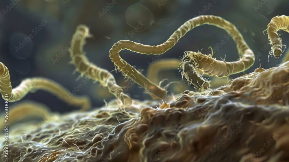 Poster a highresolution image of a group of nematodes grazing on a patch of bacteria their delicate bodies 