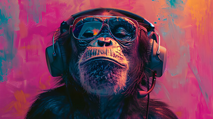 portrait of a party monkey ape with headphones on a colored background, generative Ai - obrazy, fototapety, plakaty