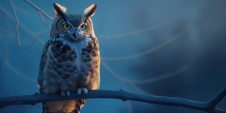 Enigmatic image of a great horned owl on a branch with intense gaze, set at nocturnal backdrop