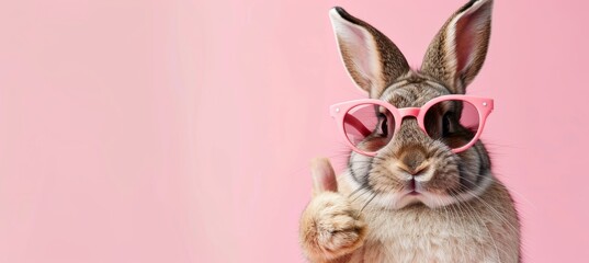 Easter bunny in sunglasses giving thumbs up on pastel background with copy space for text placement