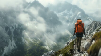 Soft focus image of a lone hiker ascending a steep mountain with a majestic backdrop of misty peaks showcasing the determination and beauty of a mountain hike. .