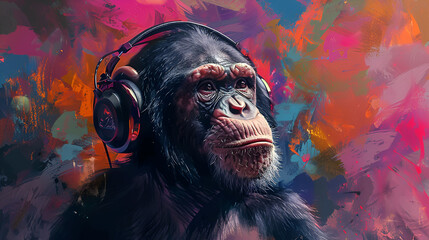 portrait of a party monkey ape with headphones on a colored background, generative Ai - obrazy, fototapety, plakaty