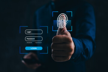 man with Fingerprint Authentication Technology for Secure Login on Digital Interface cyber security