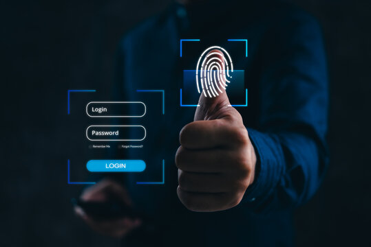 man with Fingerprint Authentication Technology for Secure Login on Digital Interface cyber security