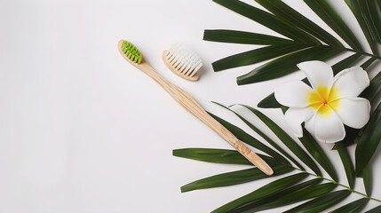 Bamboo toothbrush on a table with copy space on a white background Styled composition of flat lay with tropical leaves and flowers : Generative AI