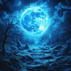 Fototapeta premium Blue full moon in a dark forest