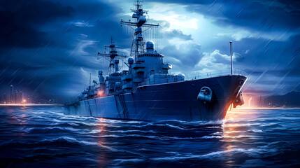 Fototapeta premium A large ship is in the water with a dark sky in the background.