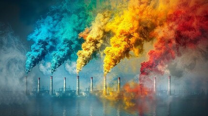 Four factory chimneys are emitting blue, green, yellow and red smoke into the sky.