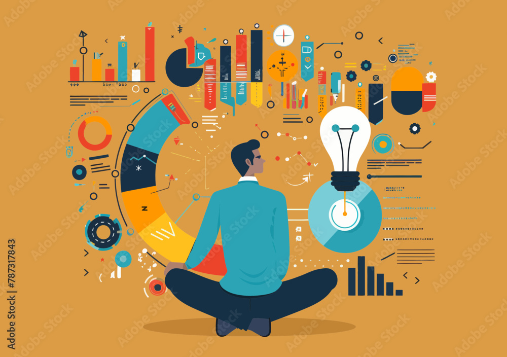 Poster data scientist analyzing business intelligence, marketing research analytics visualization dashboard