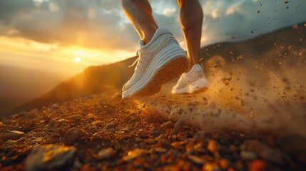 A runner's feet are shown as they run along a rocky trail, kicking up dust.