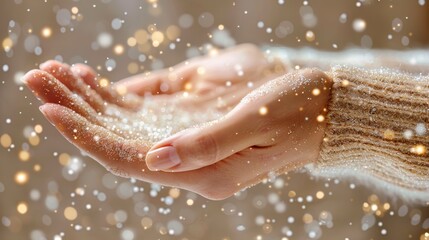A woman's hands holding a handful of glittering gold dust with a warm golden background.