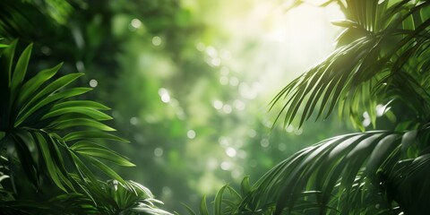 Serene and lush jungle landscape with sunlight filtering through the dense green foliage and dewy air