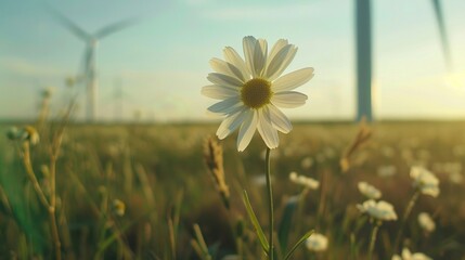 A closeup of a flower blooming amidst a field of wind turbines symbolizing the idea of growth and progress towards a holistic energy system that works in harmony with the natural world. . - obrazy, fototapety, plakaty