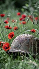 A weathered WWII infantryman helmet rests in a vibrant field of red poppies, symbolizing sacrifice and remembrance for Memorial Day.