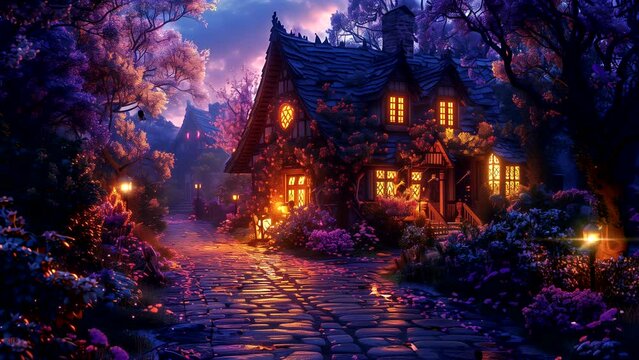 Fantasy house with garden and butterflies flying around. seamless looping 4k time-lapse animation video background