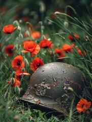 In this somber composition, a battle-scarred helmet, etched with the wear of war, nestles among fresh poppies, blending stories of valor with symbols of peace.