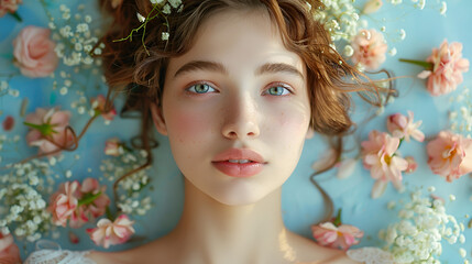 Fototapeta premium Portrait of a young beautiful girl a Spring princess on flowers, generative Ai