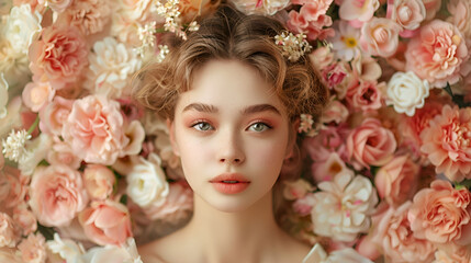 Portrait of a young beautiful girl a Spring princess on flowers, generative Ai - obrazy, fototapety, plakaty