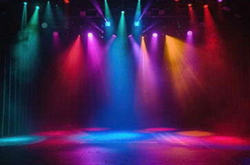 Empty stage with colorful spotlights. Scene lighting effects