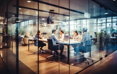 Office Workspace with Glass Partition and Blurred Workers - Professional Environment, Corporate Setting, Privacy Concept.