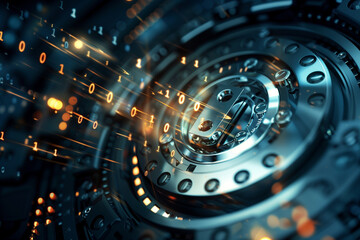 A dynamic photograph capturing a digital lock mechanism with binary digits flowing around it, symbolizing the essence of technology security concept in a tech data style.