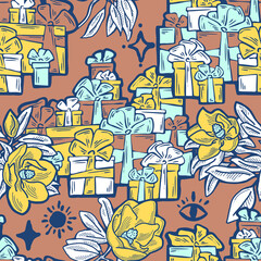 Gift box, ribbon and flowers seamless pattern for wrapping present with bow, party celebration, sale promotion, Textile print, fabric design, banner background. Hand drawn illustration cartoon style.