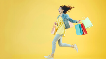 Fototapeta na wymiar Cheerful young woman running and holding shopping bags sales and fashion concept blank copy space : Generative AI
