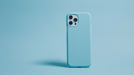 iPhone 14 and 13 Pro Max in light blue soft silicone case falls down back view phone cover mockup in monochrome colours isolated on blue background : Generative AI