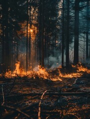 A forest at dusk becomes a canvas for a catastrophic wildfire, with golden flames painting an urgent, devastating scene amidst the trees.