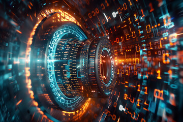 A dynamic photograph capturing a digital lock mechanism with binary digits flowing around it, symbolizing the essence of technology security concept in a tech data style. - obrazy, fototapety, plakaty